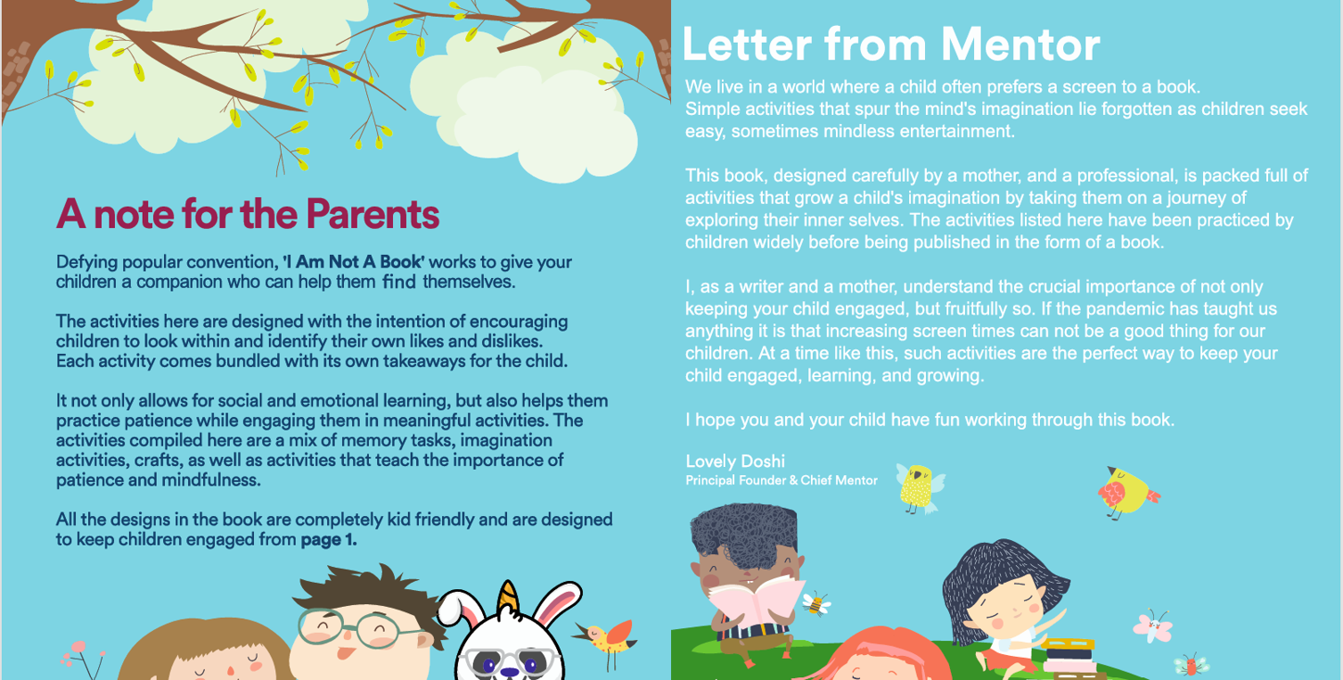 A note for parents and Letter from Mentor, from inside I Am Not A Book